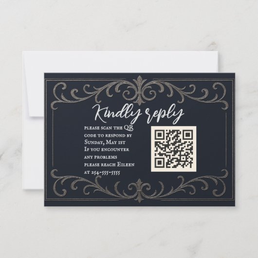 Navy Nuptial QR Code Wedding RSVP Card (正面)