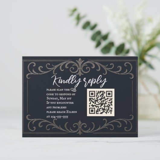 Navy Nuptial QR Code Wedding RSVP Card (スタンド正面)
