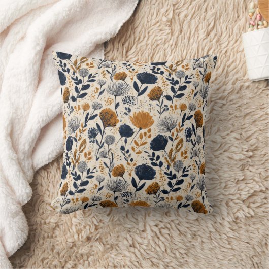 Navy & Ochre Botanical  Throw Pillow クッション (ブランケット)
