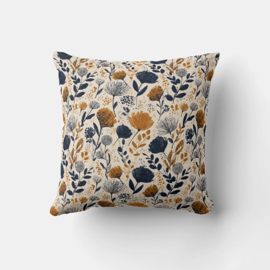 Navy & Ochre Botanical  Throw Pillow クッション (裏面)
