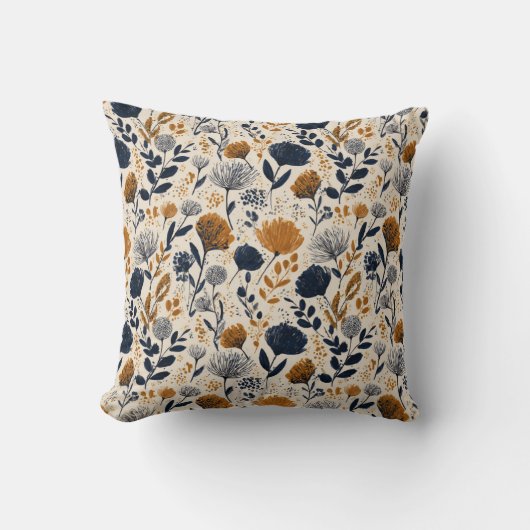 Navy & Ochre Botanical Throw Pillow クッション (正面)