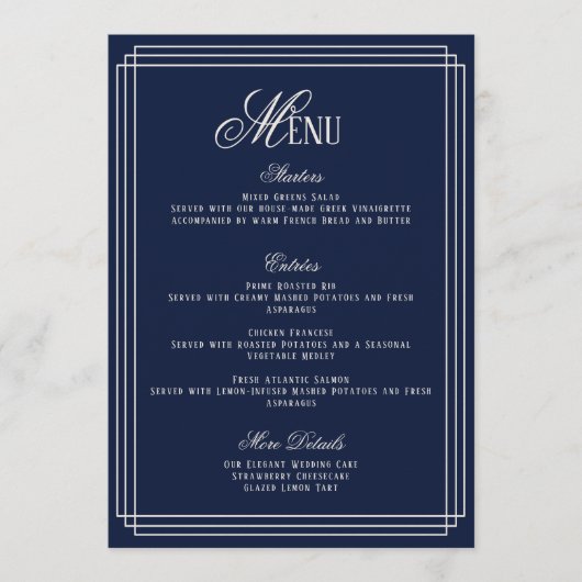 Navy Old Money Wedding Menu Card 招待状 (正面)
