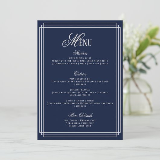 Navy Old Money Wedding Menu Card 招待状 (スタンド正面)
