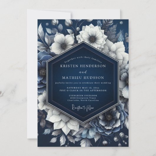 Navy Opulent Floral Romance Wedding 招待状 (正面)