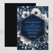 Navy Opulent Floral Romance Wedding 招待状 (正面/裏面)