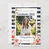 Navy Orange Floral Gold Graduation Announcement 招待状 (正面)