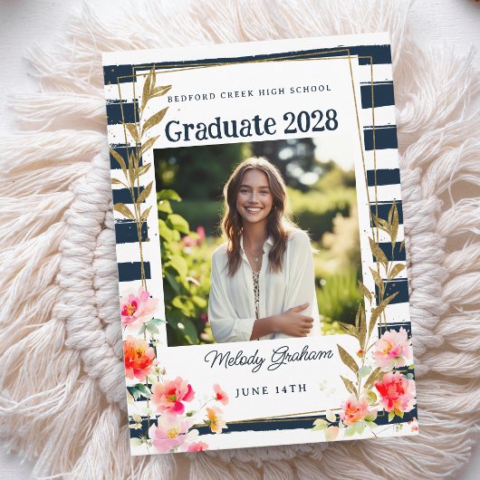 Navy Orange Floral Gold Graduation Announcement 招待状