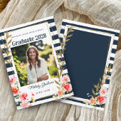 Navy Orange Floral Gold Graduation Announcement 招待状