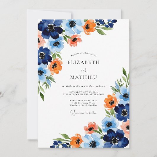 Navy Orange Painterly Bloom Wedding 招待状 (正面)