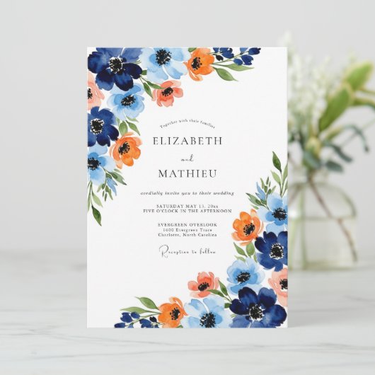Navy Orange Painterly Bloom Wedding 招待状 (スタンド正面)