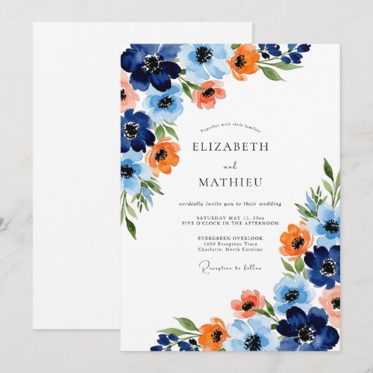 Navy Orange Painterly Bloom Wedding 招待状 (正面/裏面)