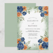 Navy Orange Vibrant Fall Wedding 招待状 (正面/裏面)