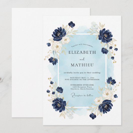 Navy Ornate Winter Wedding 招待状 (正面/裏面)