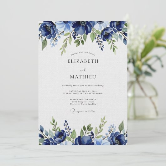 Navy Painterly Blossom Wedding 招待状 (スタンド正面)