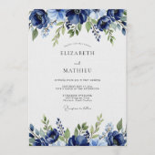 Navy Painterly Blossom Wedding 招待状 (正面)