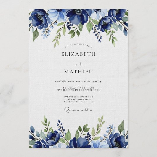 Navy Painterly Blossom Wedding 招待状 (正面)