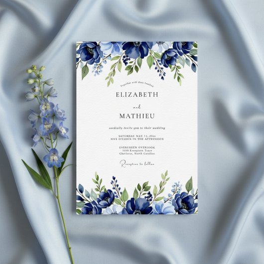 Navy Painterly Blossom Wedding 招待状