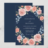 Navy Peach Blossom Arch Wedding 招待状 (正面/裏面)