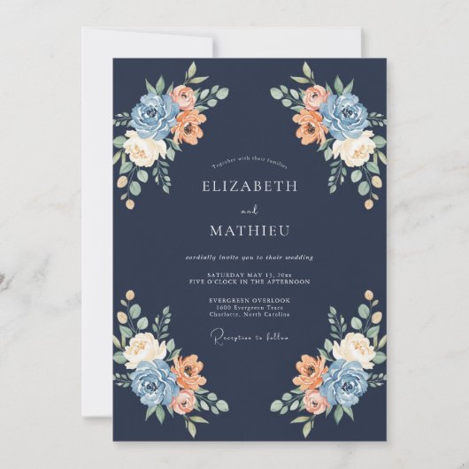 Navy Peach Blossom Flourish Wedding 招待状 (正面)