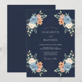 Navy Peach Blossom Flourish Wedding 招待状 (正面/裏面)