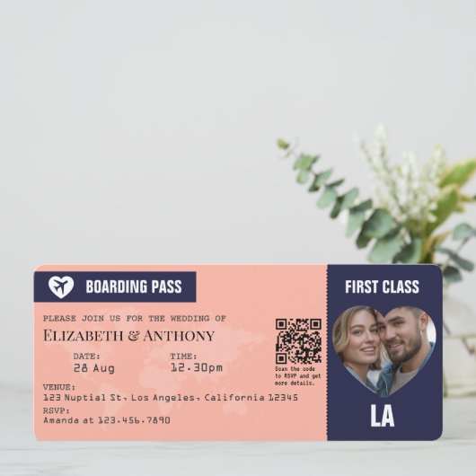Navy & Peach Boarding Pass Wedding 招待状 (スタンド正面)
