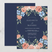 Navy Peach Floral Arch Wedding 招待状 (正面/裏面)