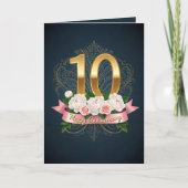 Navy Peony Rose Ribbon 10th Wedding Anniversary カード (正面)