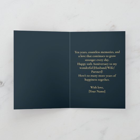 Navy Peony Rose Ribbon 10th Wedding Anniversary カード (内部)