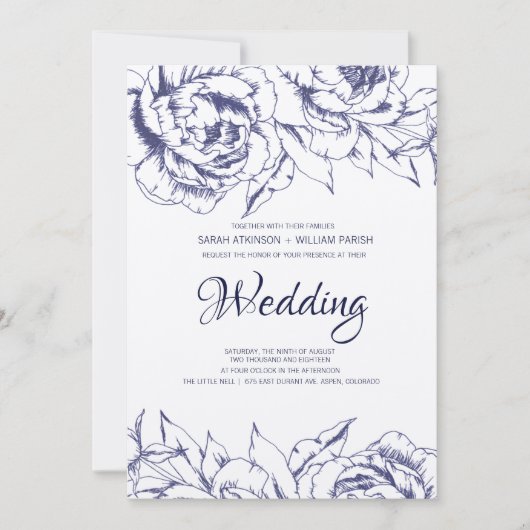 Navy Peony Simple Wedding Invitation 招待状 (正面)