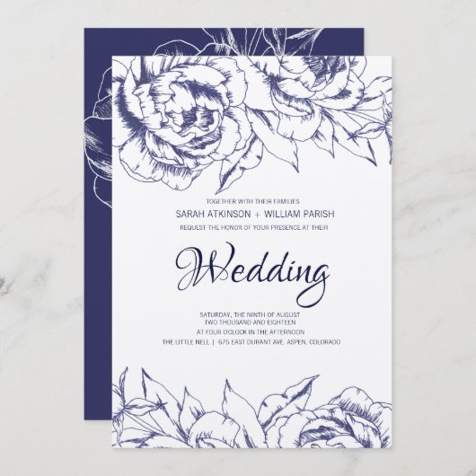 Navy Peony Simple Wedding Invitation 招待状 (正面/裏面)