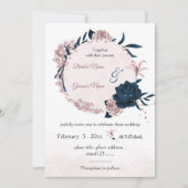 navy & pink flowers botanical wreath wedding 招待状 (正面)
