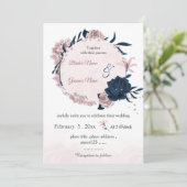navy & pink flowers botanical wreath wedding 招待状 (スタンド正面)
