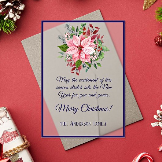 Navy Pink Green Poinsettia Frosted Christmas Card アクリル招待状