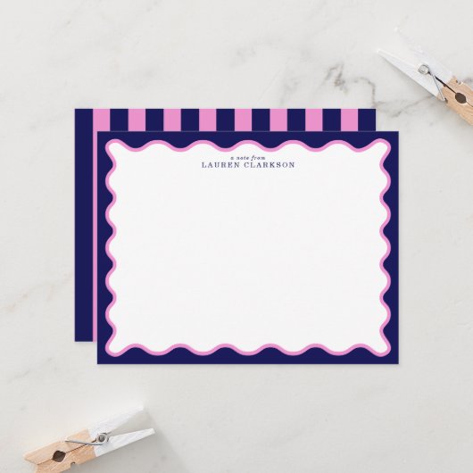 Navy Pink Striped Wavy Frame Note Card 招待状 (正面/裏面インサイチュ)