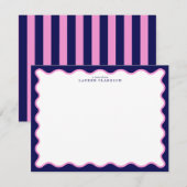 Navy Pink Striped Wavy Frame Note Card 招待状 (正面/裏面)