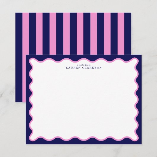 Navy Pink Striped Wavy Frame Note Card 招待状 (正面/裏面)