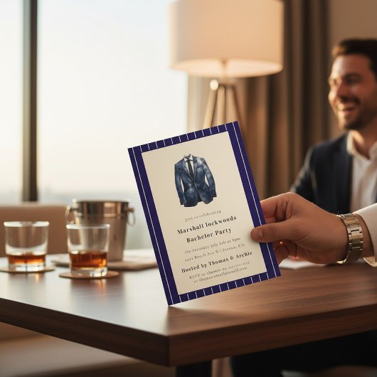 Navy Pinstripe Suit Bachelor Party Invitation 招待状