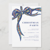 Navy Plaid Bow Holiday Christmas Party Invitation 招待状 (正面)