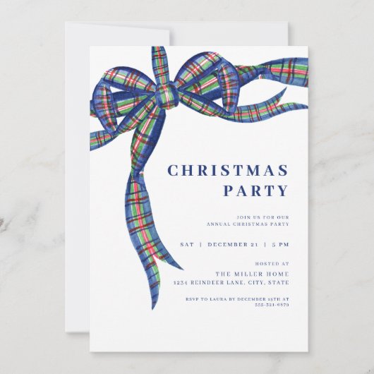 Navy Plaid Bow Holiday Christmas Party Invitation 招待状 (正面)