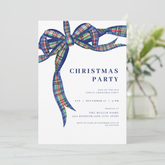 Navy Plaid Bow Holiday Christmas Party Invitation 招待状 (スタンド正面)