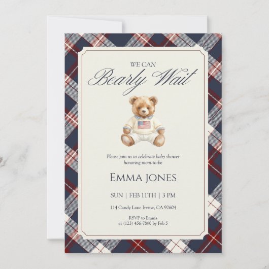 Navy Plaid Teddy Bear Baby Shower 招待状 (正面)