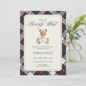 Navy Plaid Teddy Bear Baby Shower 招待状 (スタンド正面)
