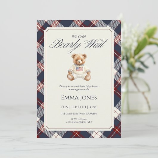 Navy Plaid Teddy Bear Baby Shower 招待状 (スタンド正面)