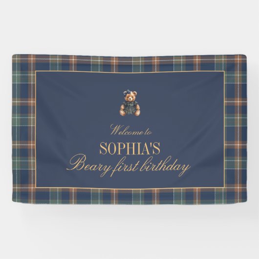 Navy Plaid Teddy Bear Girl Birthday Banner  横断幕 (横)