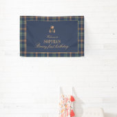 Navy Plaid Teddy Bear Girl Birthday Banner  横断幕 (インサイチュ)