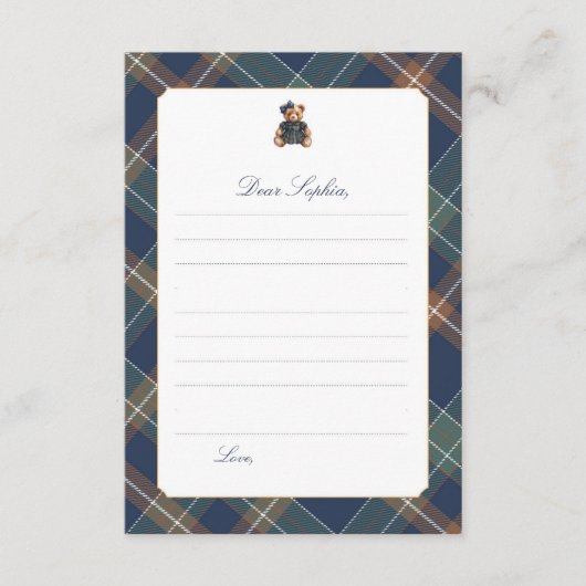 Navy Plaid Teddy Bear Girl Time Capsule Card 招待状 (正面)