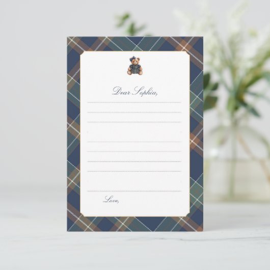Navy Plaid Teddy Bear Girl Time Capsule Card 招待状 (スタンド正面)