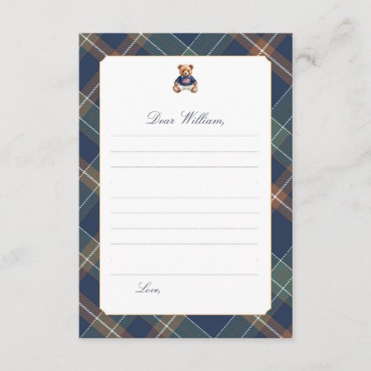 Navy Plaid Teddy Bear Time Capsule Card 招待状 (正面)