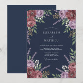 Navy Plum Floral Romantic Wedding 招待状 (正面/裏面)
