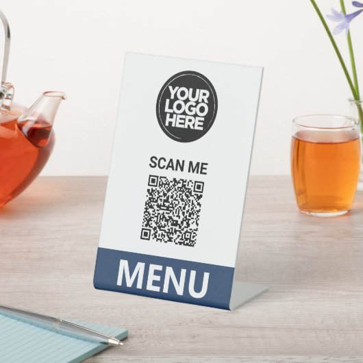 Navy QR Code Menu | Logo Contactless Modern 台座サイン (インサイチュ)
